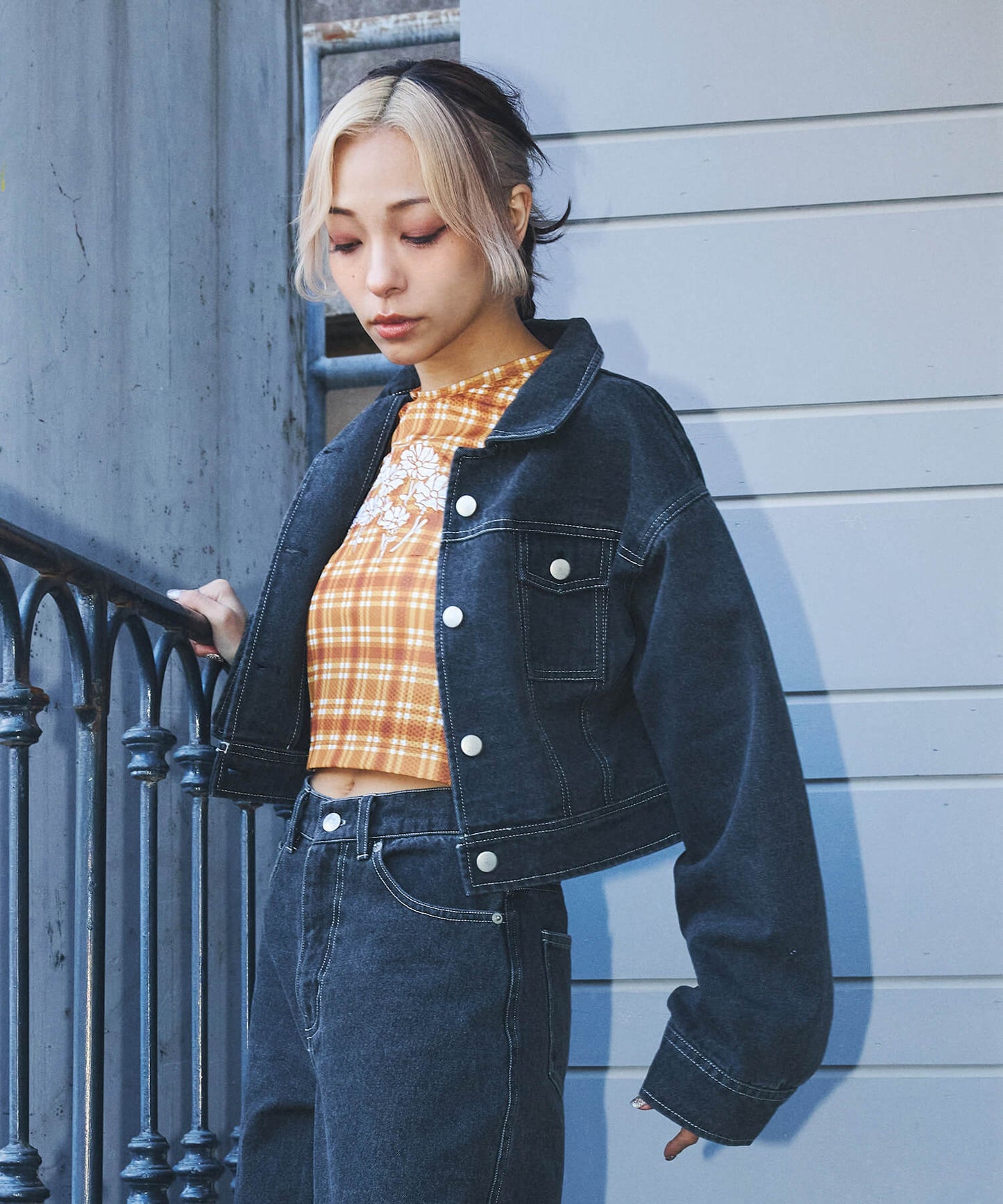 シアーチェッククロップTシャツ
