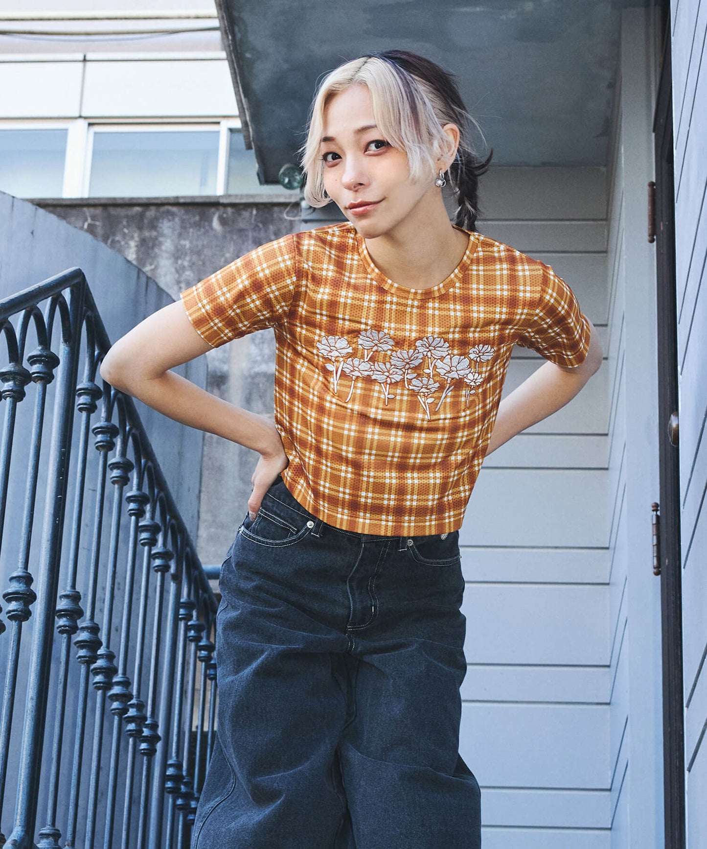 シアーチェッククロップTシャツ
