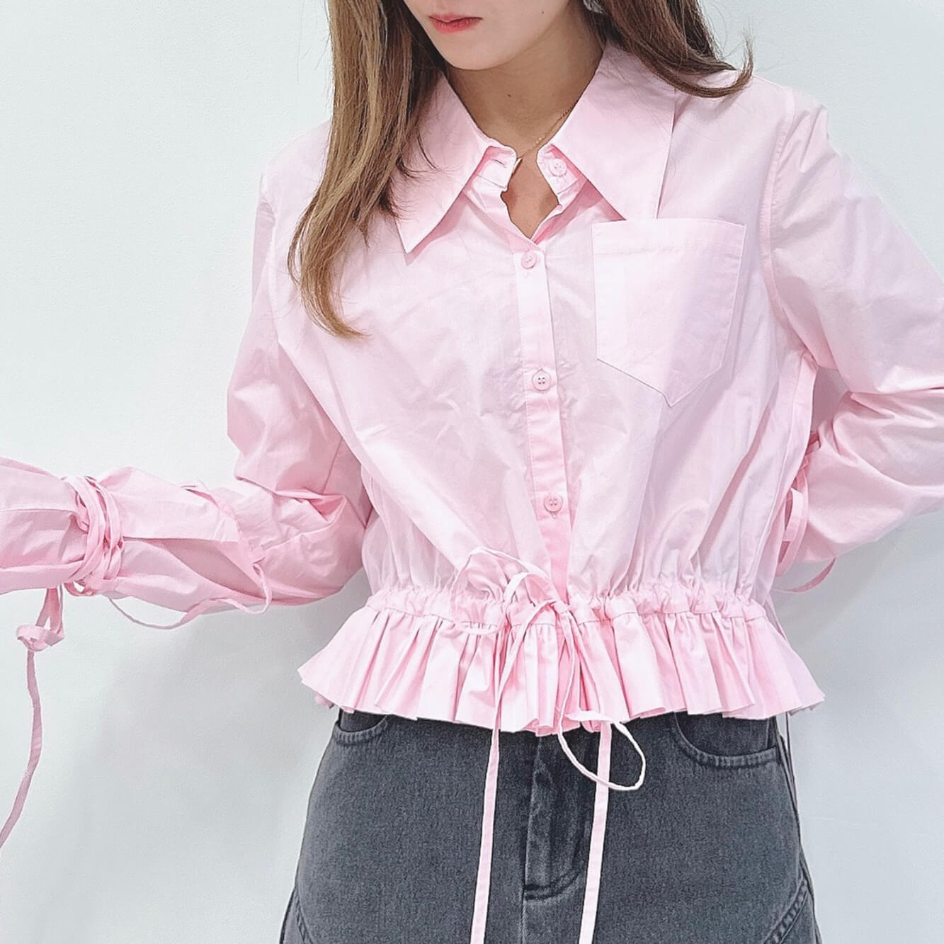 70%OFF|袖レースアップデザインブラウス