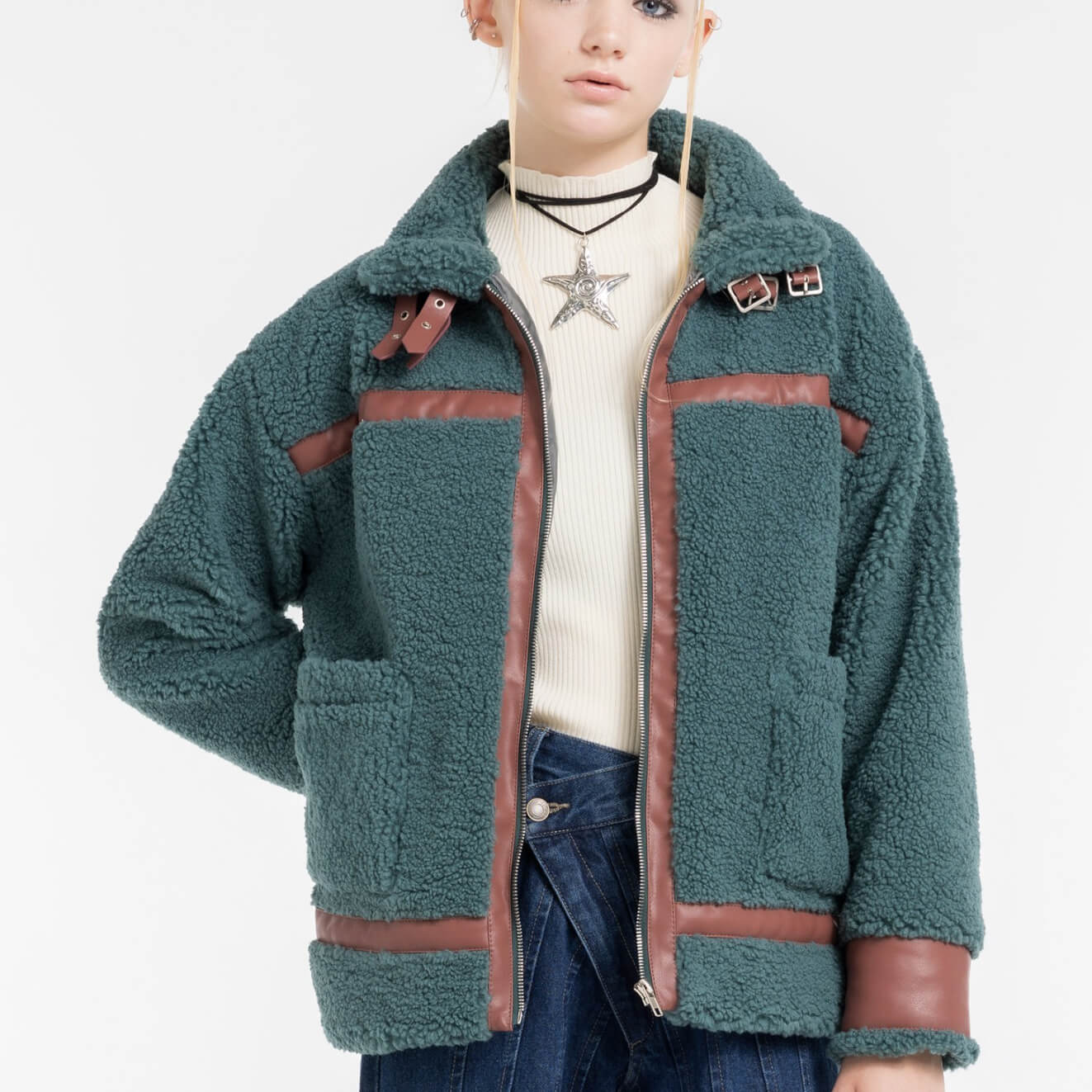 70%OFF|ベルト付きスタンドカラーボアジャケット