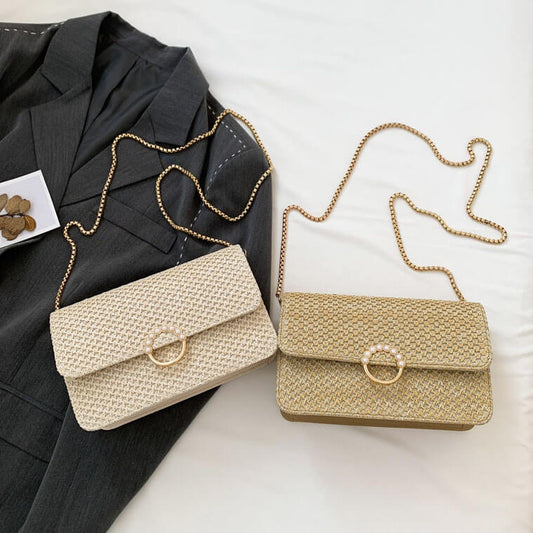 パール付ラフィアショルダーバッグ