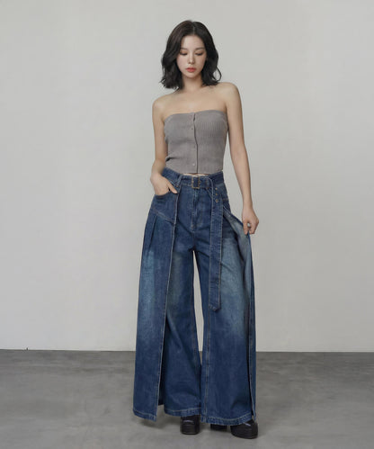 サイドカバーラップワイドデニムパンツ