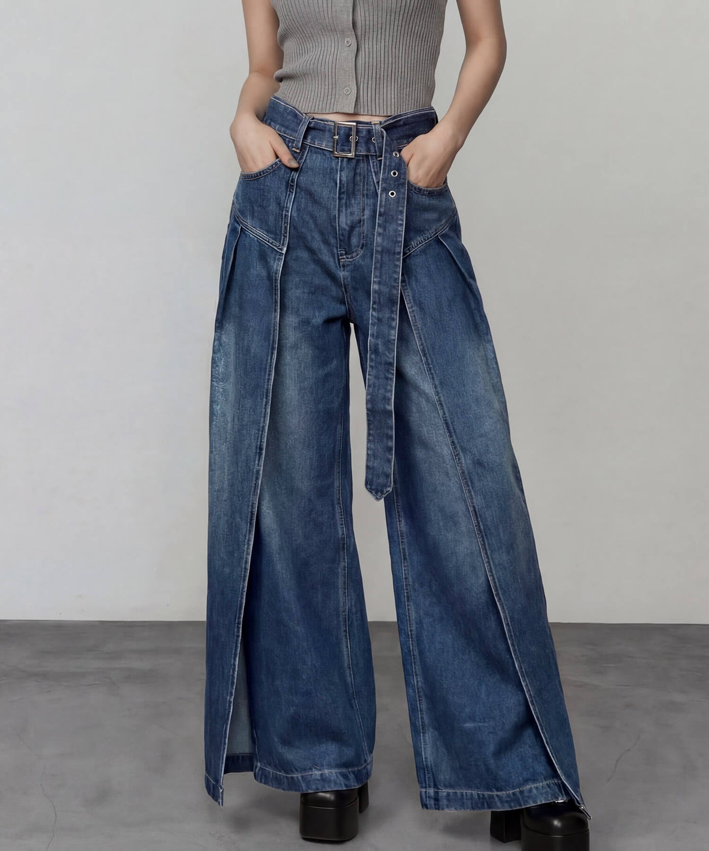 サイドカバーラップワイドデニムパンツ