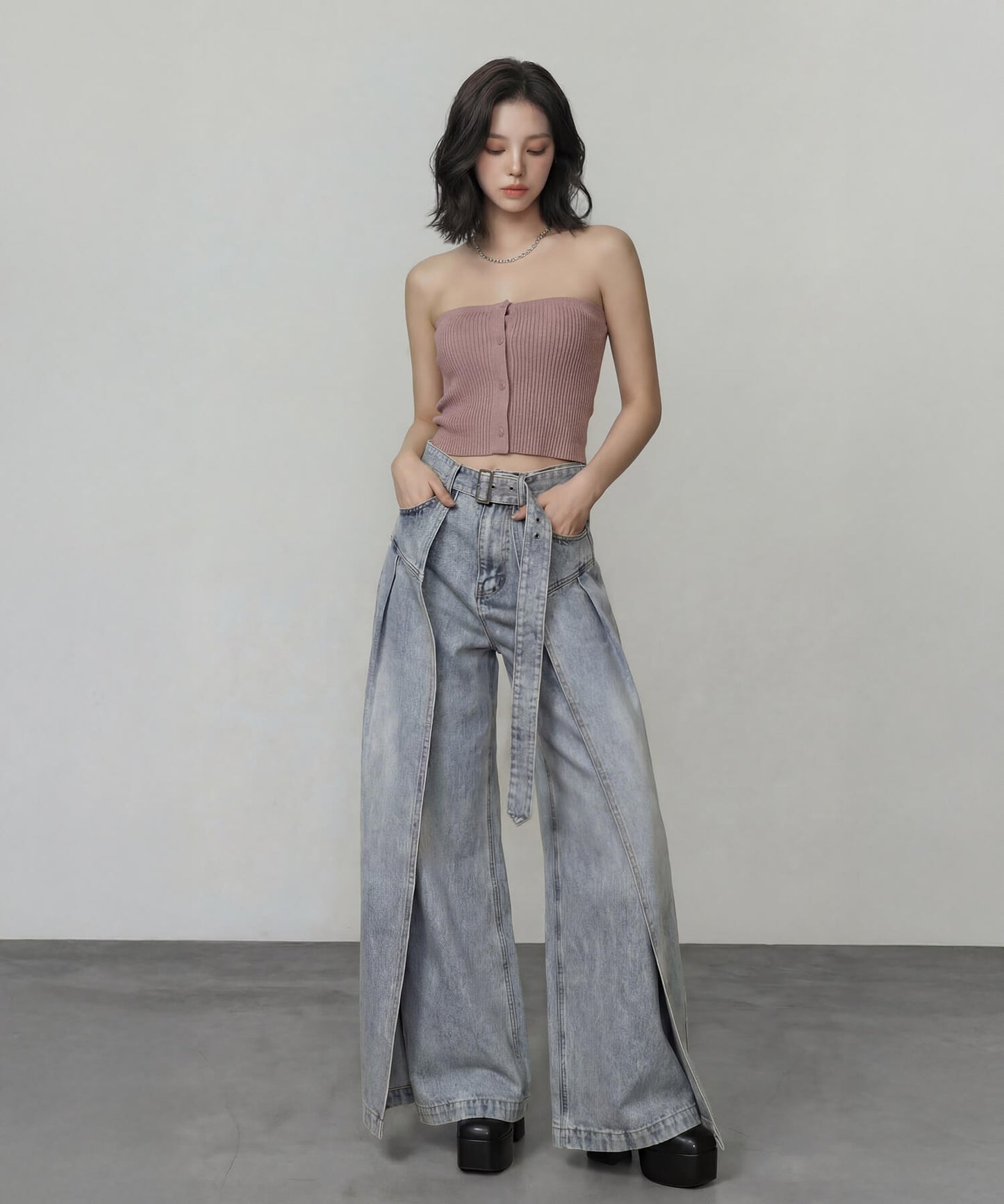 サイドカバーラップワイドデニムパンツ