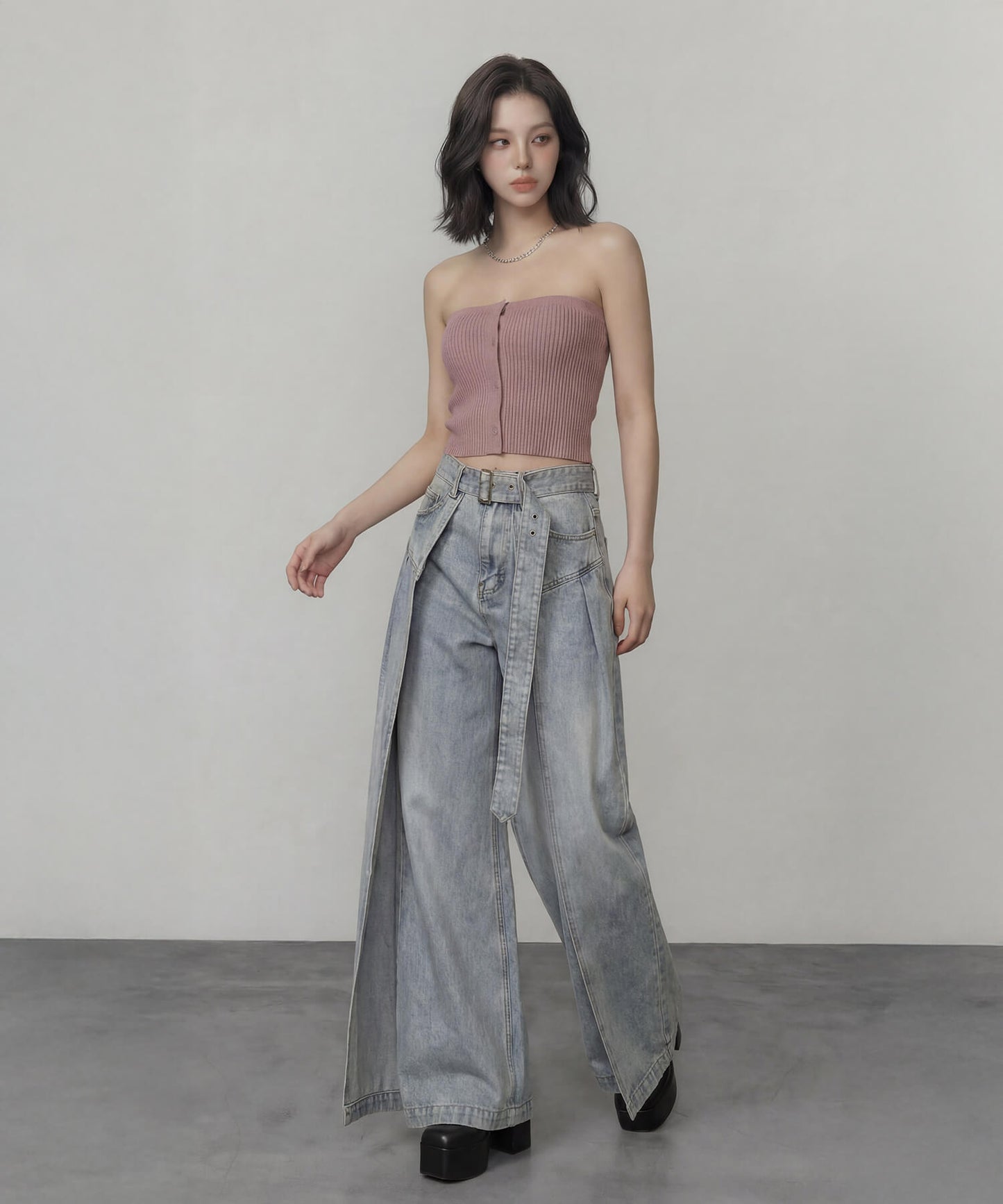 サイドカバーラップワイドデニムパンツ