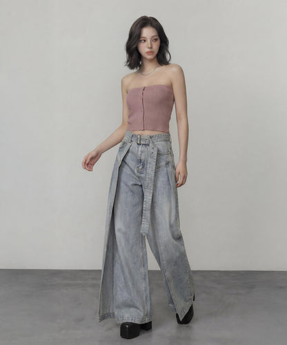 サイドカバーラップワイドデニムパンツ