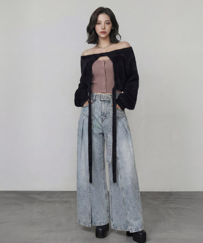 サイドカバーラップワイドデニムパンツ