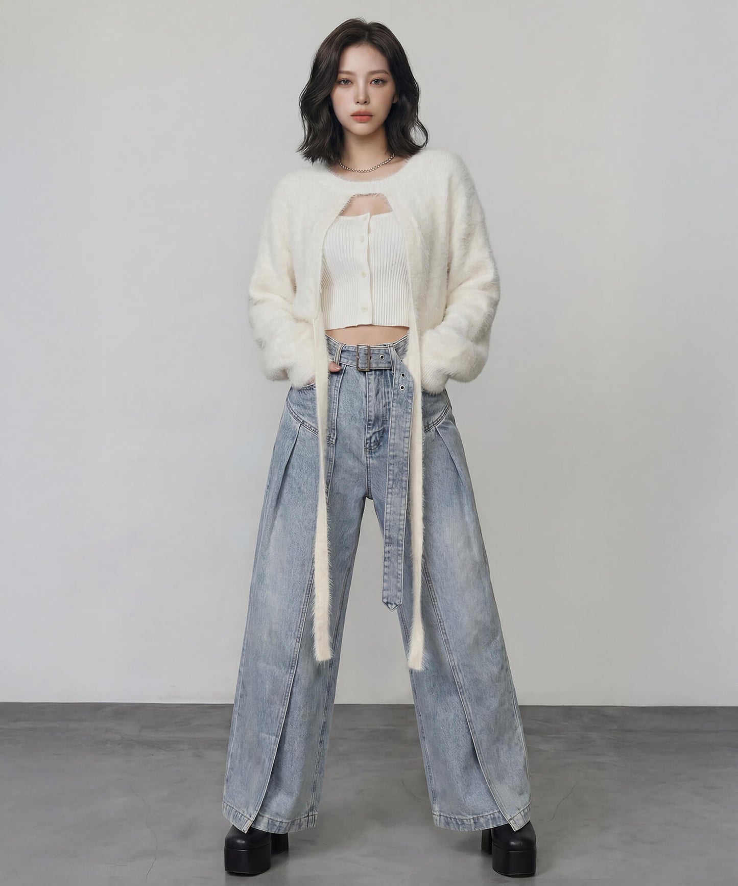 サイドカバーラップワイドデニムパンツ