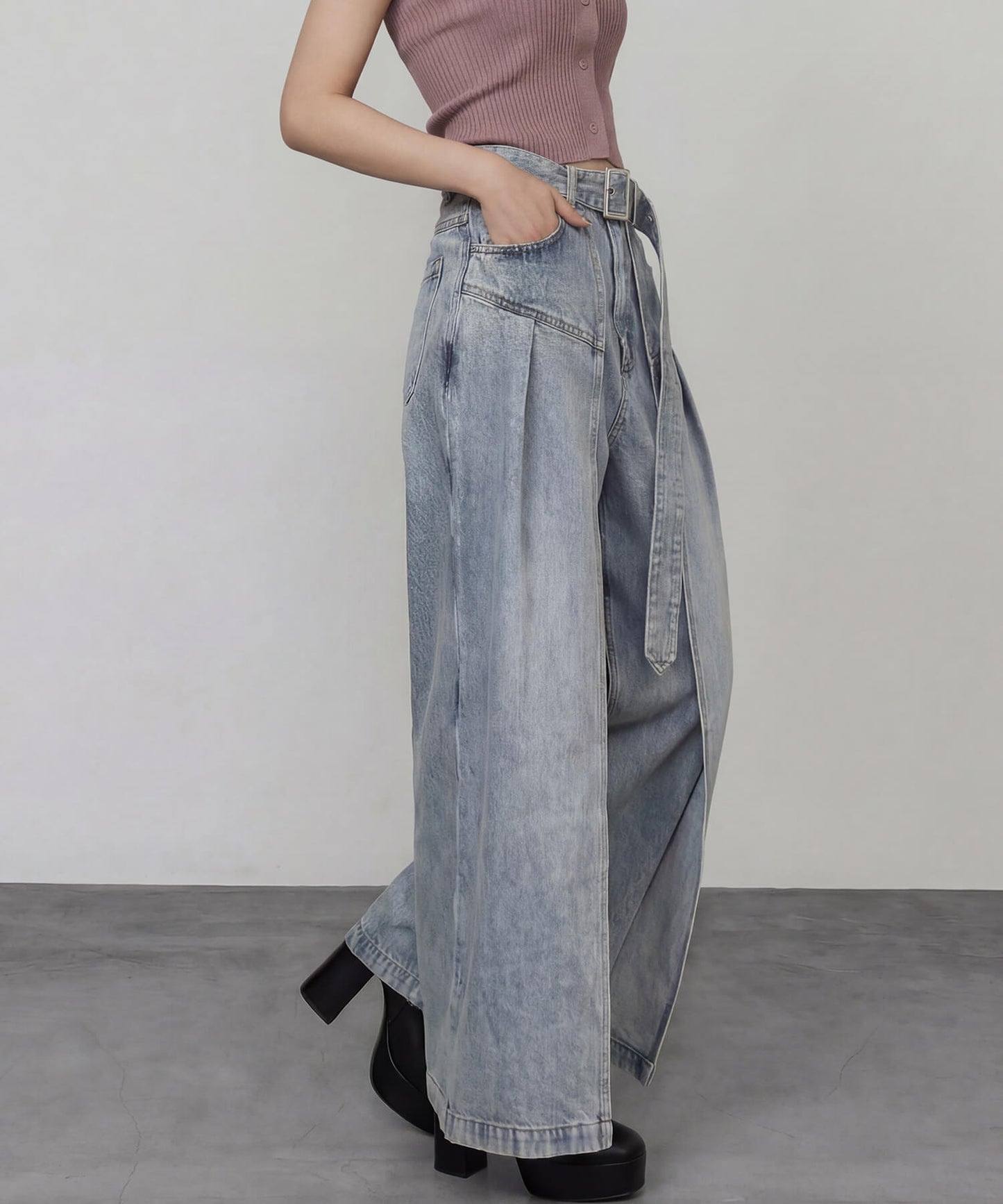 サイドカバーラップワイドデニムパンツ