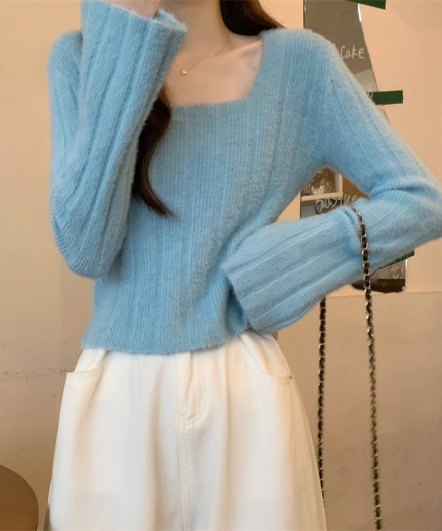 ベルスリーブマカロンカラーニット