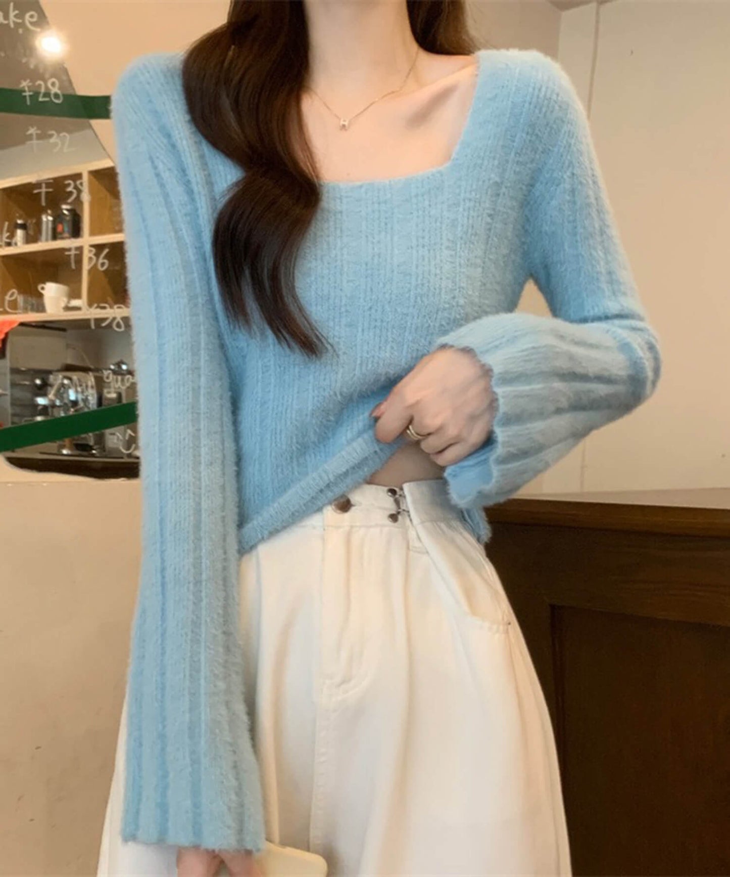 ベルスリーブマカロンカラーニット