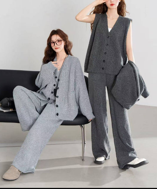 ニットカーデ＆ジレ＆パンツ3点セットアップ