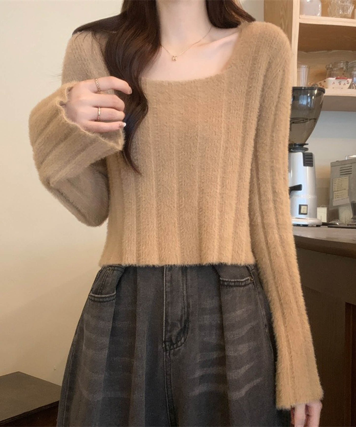 ベルスリーブマカロンカラーニット