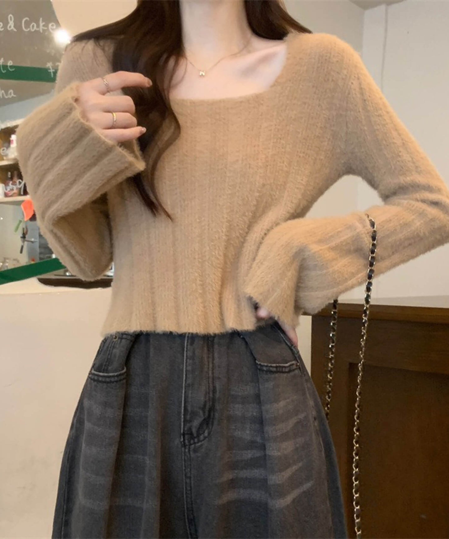 ベルスリーブマカロンカラーニット