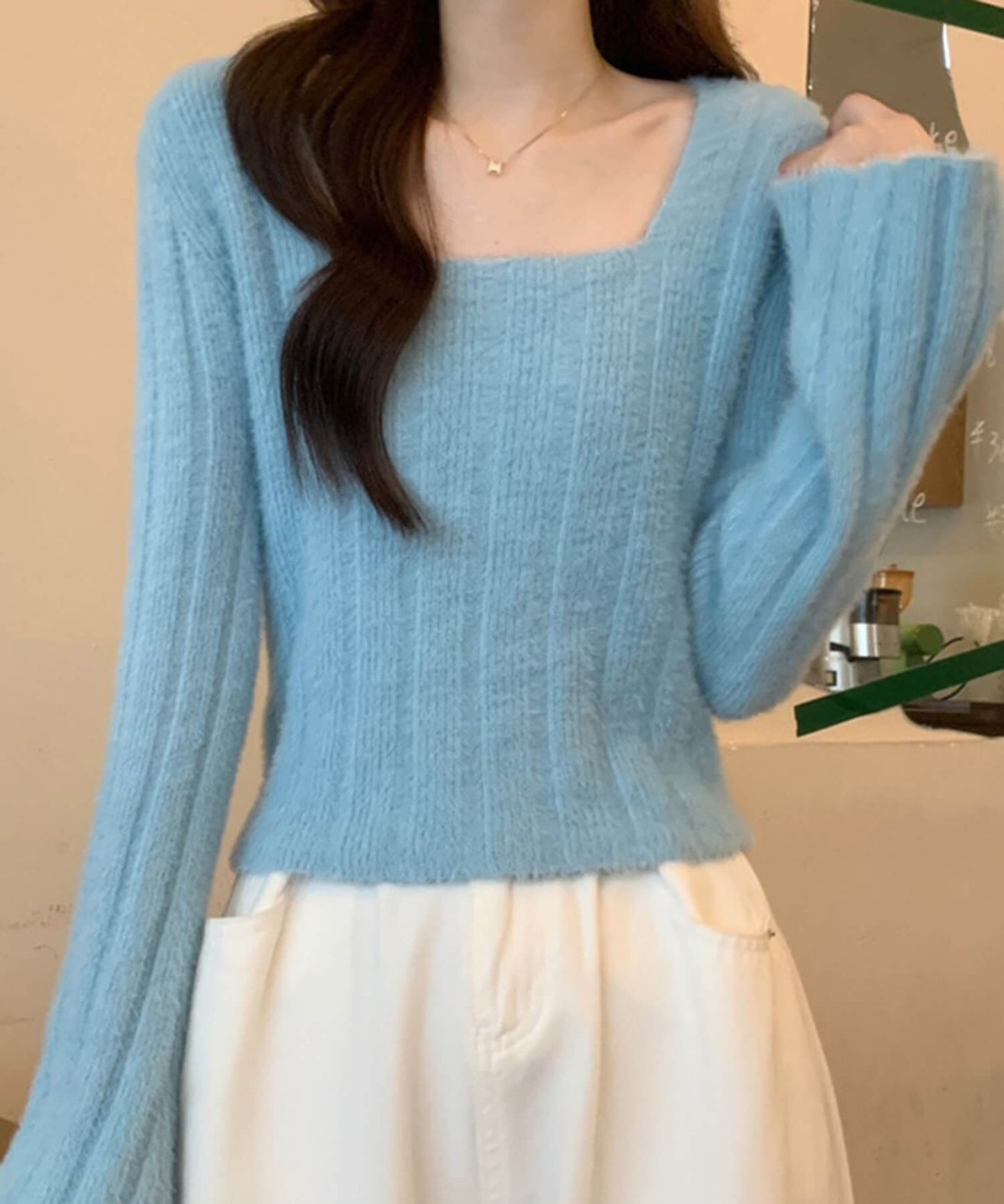 ベルスリーブマカロンカラーニット