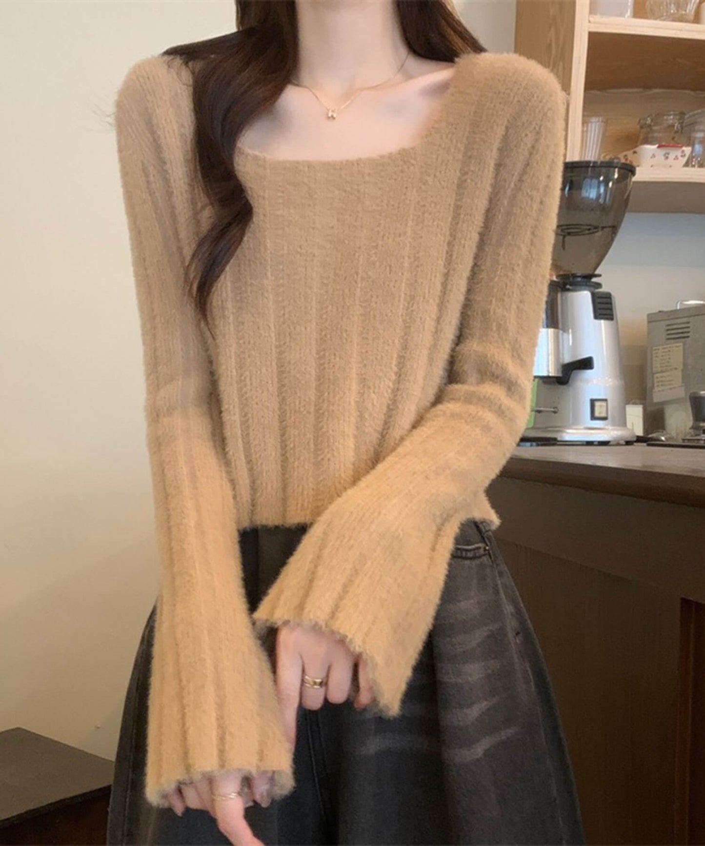 ベルスリーブマカロンカラーニット