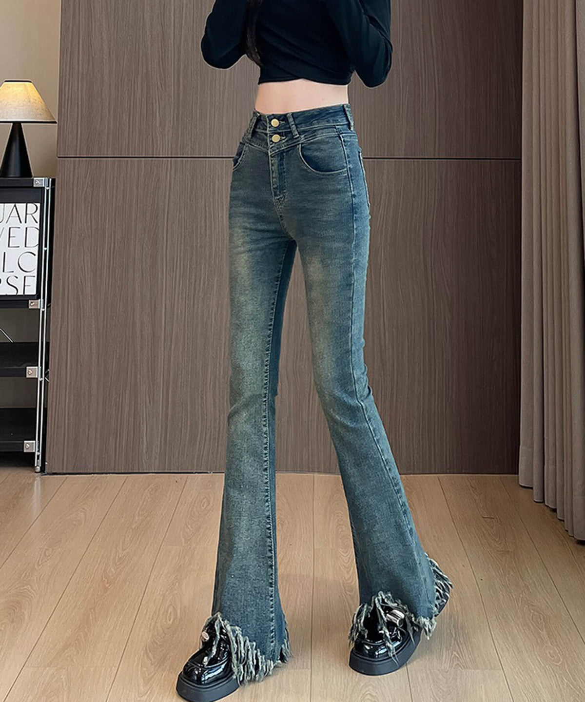 フリンジ裾加工フレアデニムパンツ
