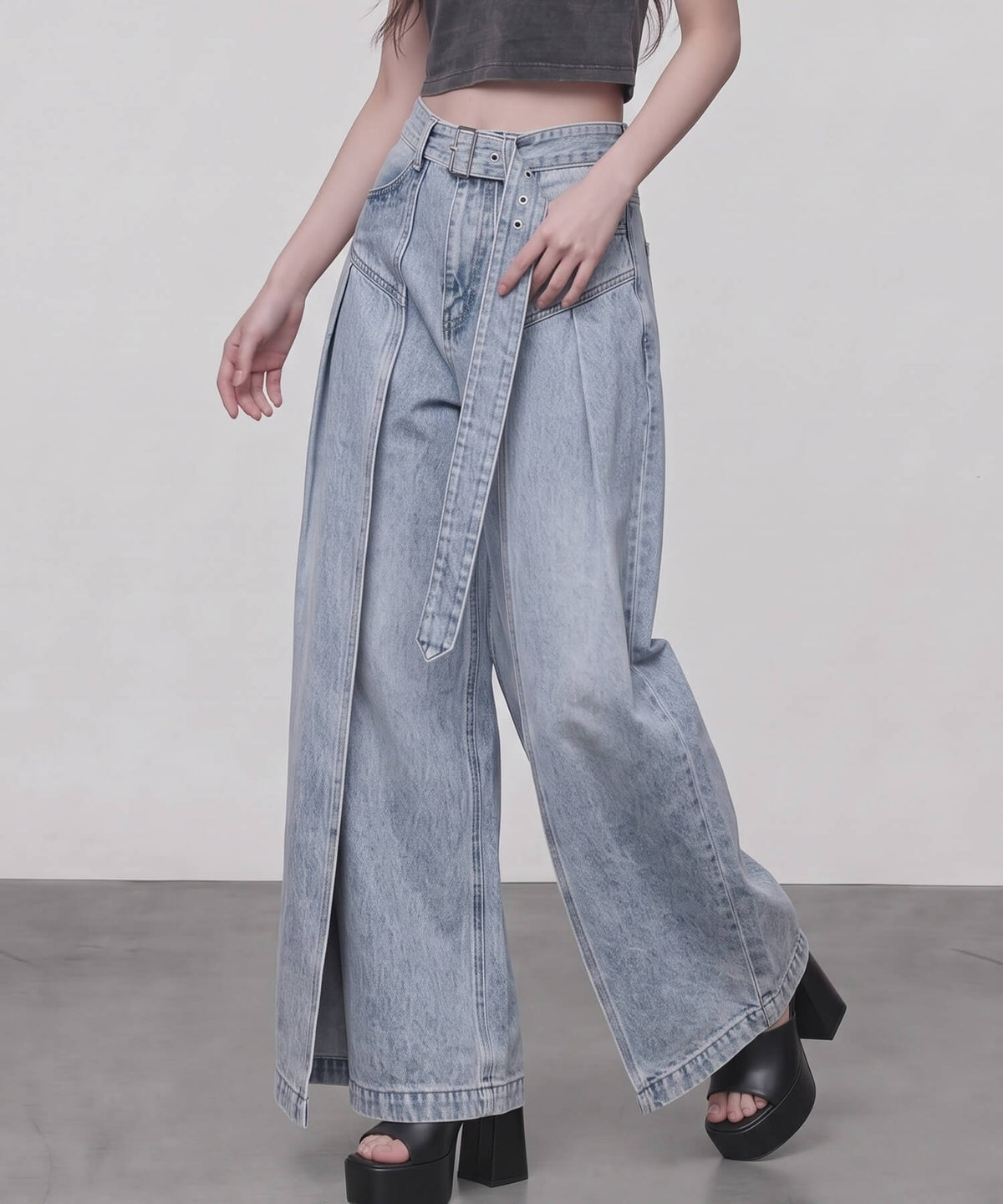 サイドカバーラップワイドデニムパンツ